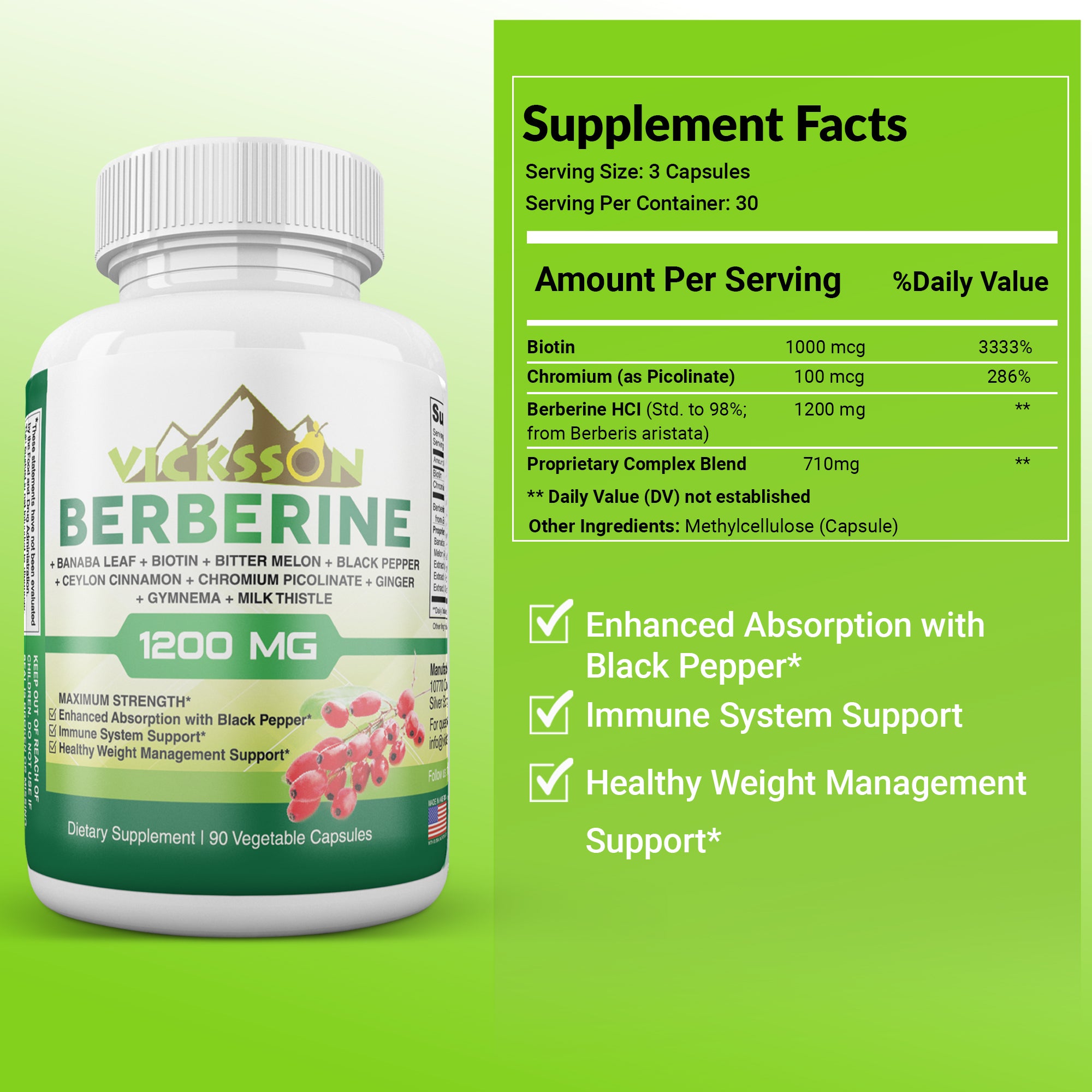 1200 mg Berberine HCl Capsules with Banaba Leaf,  Biotin, Bitter Melon, Black Pepper, Ceylon Cinnamon, Chromium Picolinate, Ginger, Gymnema & Milk Thistle | 90 Ct