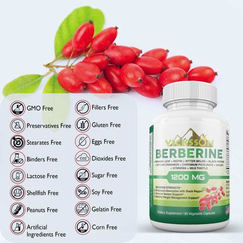 1200 mg Berberine HCl Capsules with Banaba Leaf,  Biotin, Bitter Melon, Black Pepper, Ceylon Cinnamon, Chromium Picolinate, Ginger, Gymnema & Milk Thistle | 90 Ct