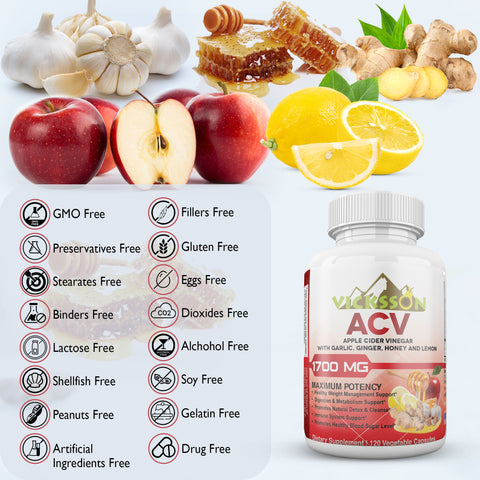 1700 mg Apple Cider Vinegar Capsules with Garlic, Ginger, Honey & Lemon | 120 Ct