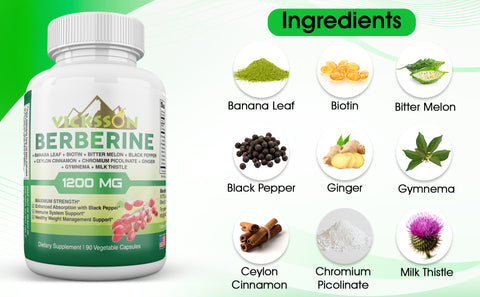 1200 mg Berberine HCl Capsules with Banaba Leaf,  Biotin, Bitter Melon, Black Pepper, Ceylon Cinnamon, Chromium Picolinate, Ginger, Gymnema & Milk Thistle | 90 Ct