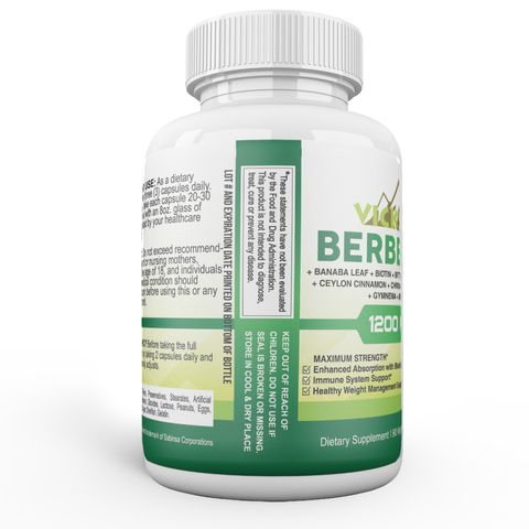 1200 mg Berberine HCl Capsules with Banaba Leaf,  Biotin, Bitter Melon, Black Pepper, Ceylon Cinnamon, Chromium Picolinate, Ginger, Gymnema & Milk Thistle | 90 Ct