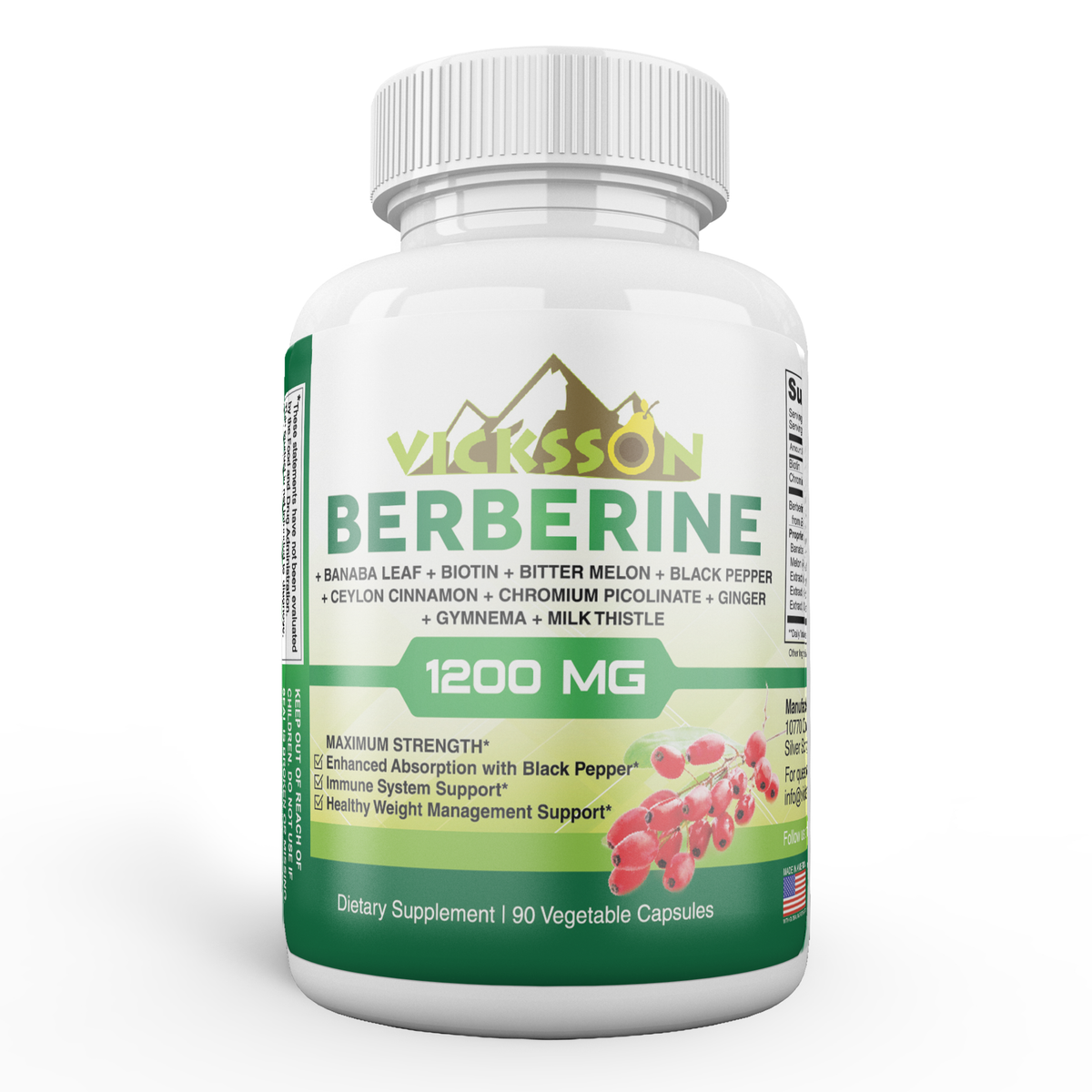 1200 mg Berberine HCl Capsules with Banaba Leaf,  Biotin, Bitter Melon, Black Pepper, Ceylon Cinnamon, Chromium Picolinate, Ginger, Gymnema & Milk Thistle | 90 Ct