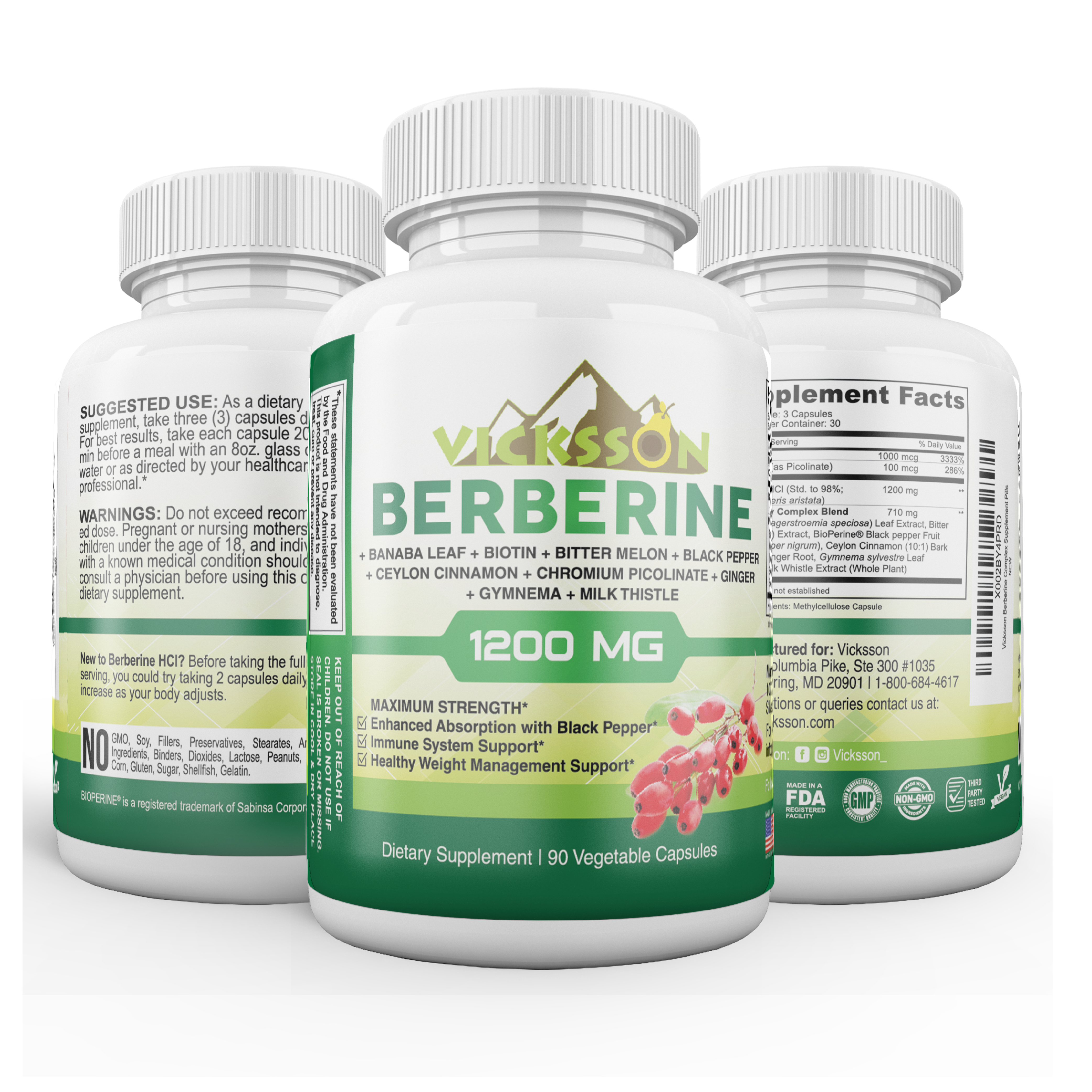 1200 mg Berberine HCl Capsules with Banaba Leaf,  Biotin, Bitter Melon, Black Pepper, Ceylon Cinnamon, Chromium Picolinate, Ginger, Gymnema & Milk Thistle | 90 Ct